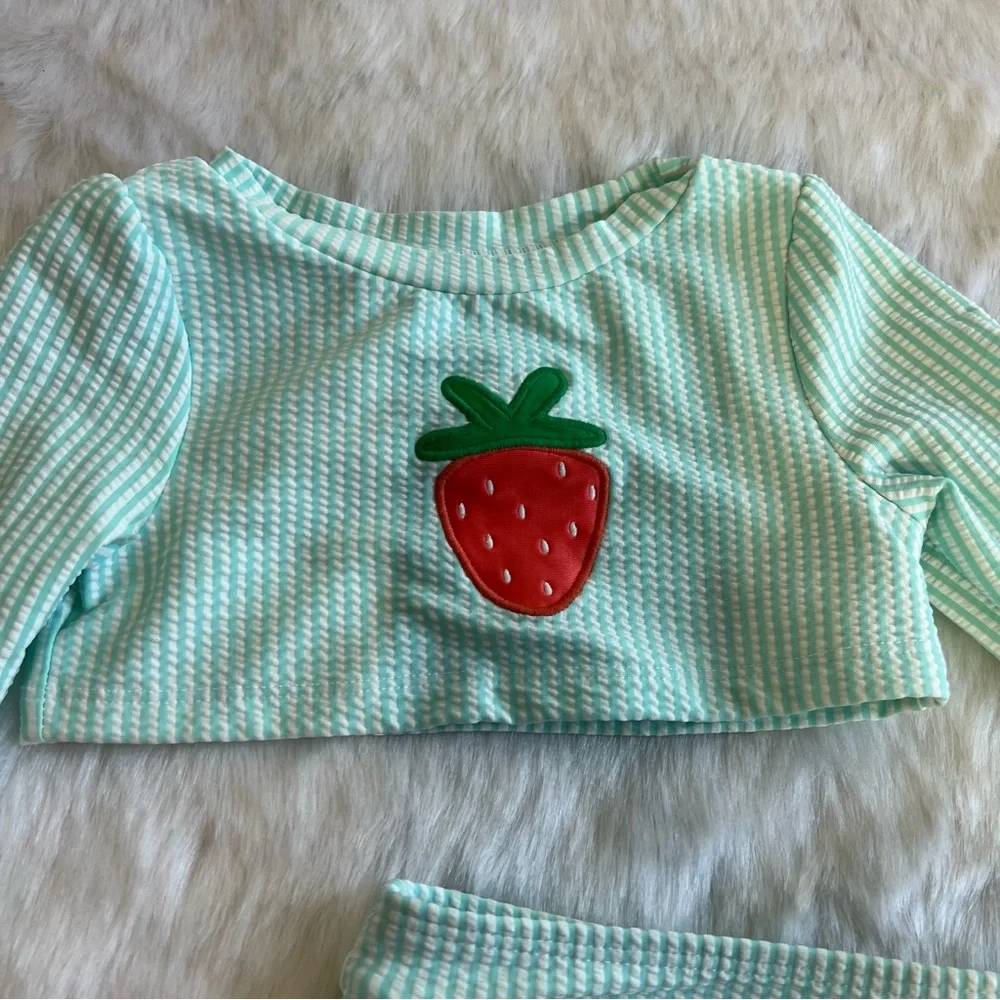 Cat & Jack Girls Long‎ Sleeve Striped Strawberry Two Piece Swimsuit Blue 18 M
